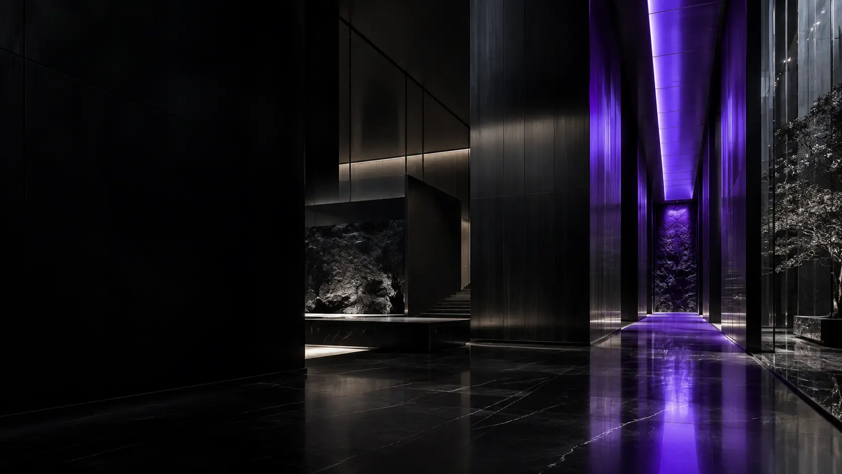 Dark architectural corridor illuminated by a precise ultraviolet light
