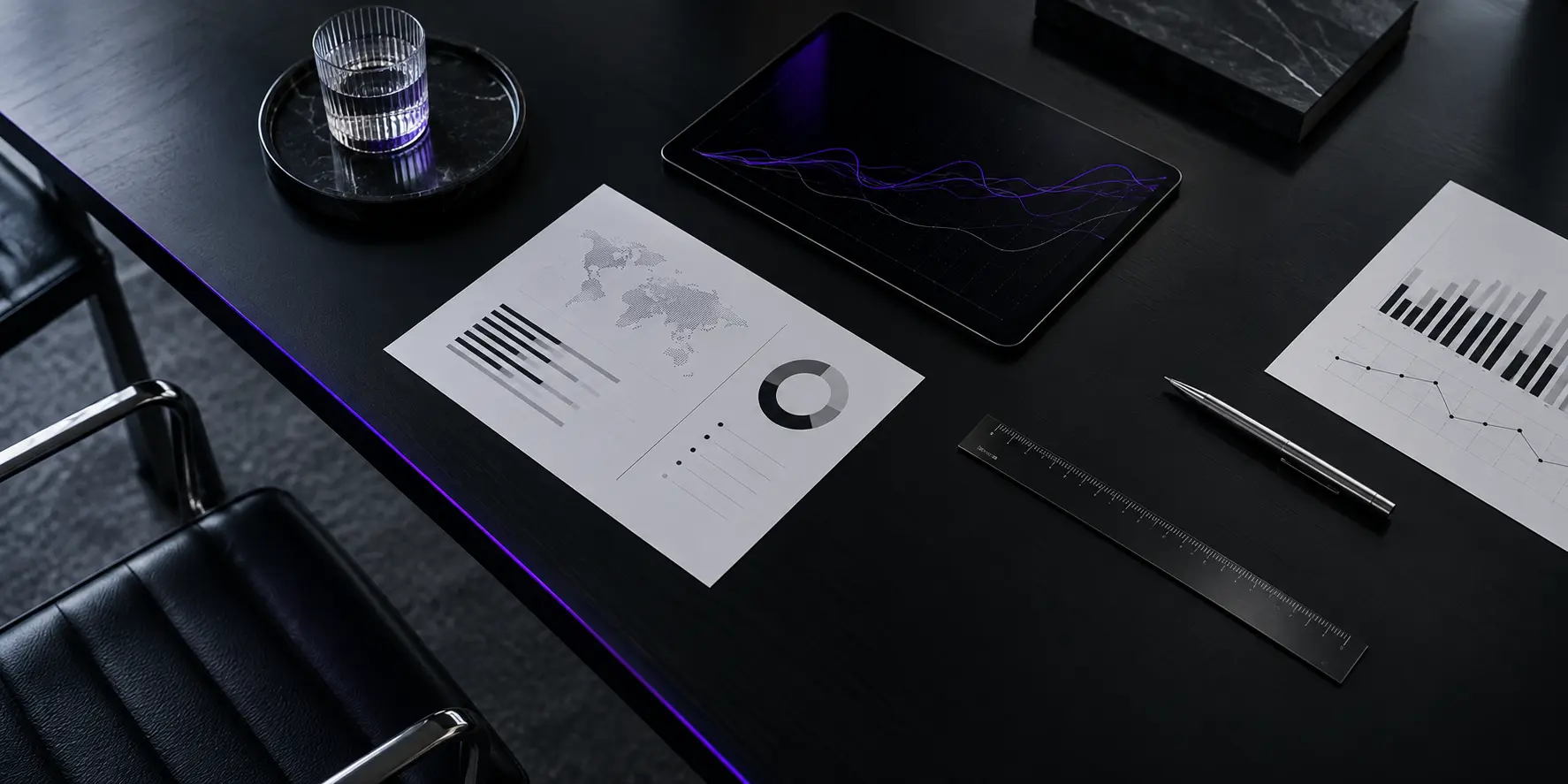 A dark strategy table with analytical reports and an ultraviolet accent